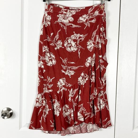 NWOT ZARA Skirt M Wrap Ruffle Midi Floral Linen Blend Button Waist Burgundy - Picture 3 of 13